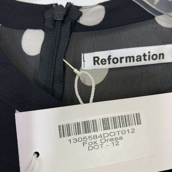 Reformation Fox Dress ES Sz 12 L Black White Polka Dot Mini Tie Neck Ruffl… - Picture 7 of 11